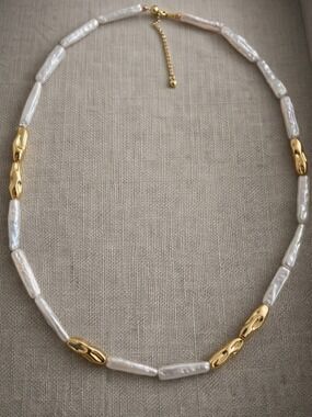 Everyday Luxe Baroque Pearl Necklace, Sterling Silver Chain, Gold Plated Beads